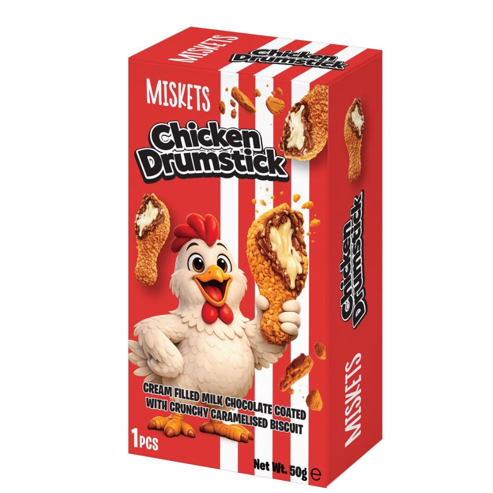 Miskets Chicken Drumstick Box 50g - Milk Chocolate with a Cream Filling and Caramelised Biscuit Coating